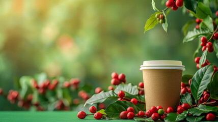 Side view on a green natural background paper cup with strong and fragrant freshly brewed coffee closed with a white lid on a background of coffee leaves and beans, a place for text, copy space.