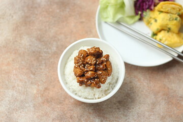 Oriental menu with dietetic. Rice, Protein and vegetables. 