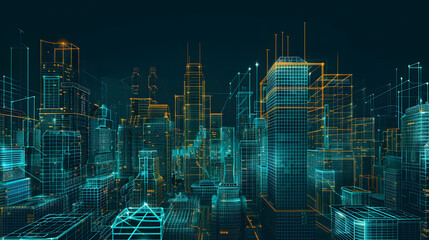 Futuristic Cityscape in Neon Colors: 2D Illustrated Wireframe Mesh of Urban Skyline - obrazy, fototapety, plakaty