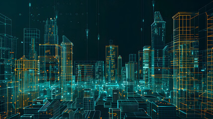 Fototapeta na wymiar Futuristic Cityscape in Neon Colors: 2D Illustrated Wireframe Mesh of Urban Skyline
