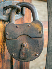 The old 90 years age rusty padlock hanging on hinges. Close-up