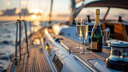 Bottle of champagne on luxury boat. Sparkling wine drink. Outdoor lifestyle on sail yacht tropical travel vacation. Summer weekend concept.