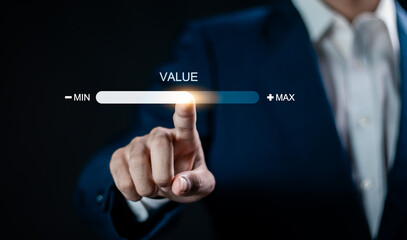 Businessman touching progress bar of business growth value, increase value, value added and business growth concept. - obrazy, fototapety, plakaty
