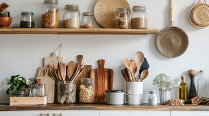 A minimalist kitchen scene featuring zero-waste lifestyle choices, such as reusable containers,...