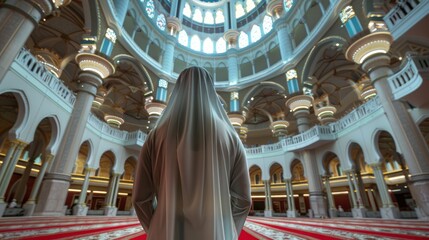 Asian Muslim woman walking towards a stone dome in front - obrazy, fototapety, plakaty