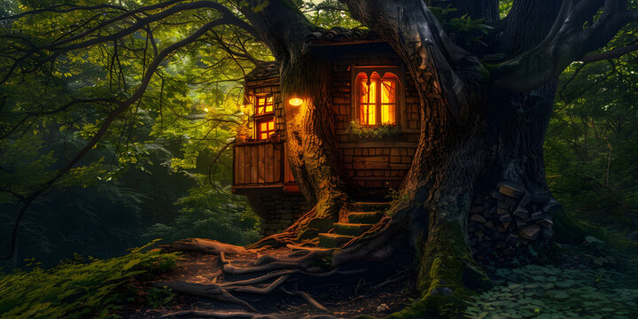 Fairy-tale house in a tree with a roof intertwined. Square flat cartoon illustration with textures. Forest house made leaves and clay gnome vector. Fairy elf gnome magic.