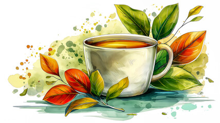 A mug of fragrant fresh tea on a background of green and orange multicolored leaves. Illustration, time for a break or a rest for yourself