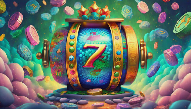 oil painting style cartoon illustration Casino golden slot machine wins the jackpot coin background