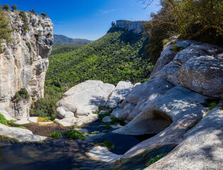 Beautiful spanish mountain landscape near the small village Rupit in Catalonia, park national - 788426397