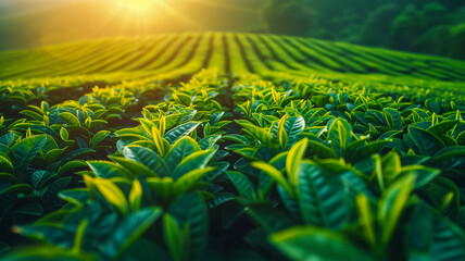 Close-up of tea leaves on a large and green plantation under the evening rays of the sun. Freshness and environmental friendliness of tea harvest cultivation