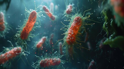 Red bacteria colony on blue background. 3D health concept - obrazy, fototapety, plakaty
