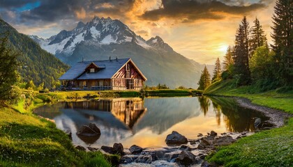 house on the lake in mountains - obrazy, fototapety, plakaty