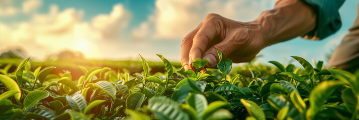 Human hands in close-up collecting tea leaves on a large tea plantation in Asia. Banner, place for text - obrazy, fototapety, plakaty