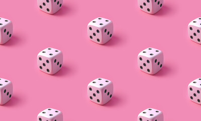 Seamless pattern made with white dices on pink background. Minimal ornament with game cubes. Creative and trendy concept. 3d style print