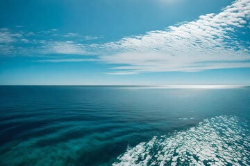 a tranquil seascape, featuring a panoramic view of the ocean meeting the sky on a cloudless day.