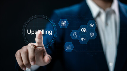 Upskilling concept. Businessman touching skills icon on virtual screen. Learning new and enhanced skills for career development. training, attending conferences.