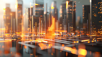 Dynamic 3D Financial District Cityscape with Glowing Lights and Business Growth Charts - obrazy, fototapety, plakaty