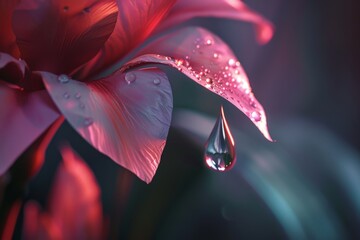A close-up photo of a flower with a single raindrop hanging precariously from its petal, capturing the delicate balance of nature.