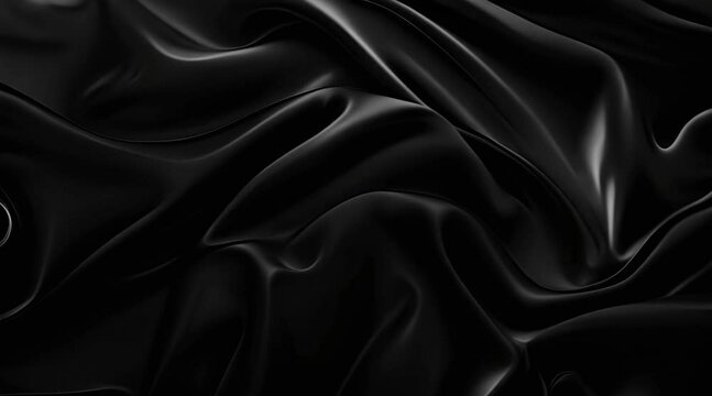 Closeup of Black satin fabric background with soft folds and waves, creating an elegant and luxurious backdrop