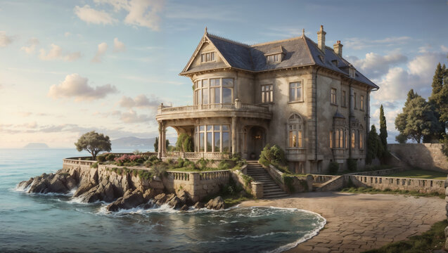 An old-style mansion situated on the edge of a sea coast, captured in idyllic weather conditions. Perfect for showcasing coastal living or historic architecture in tranquil settings.