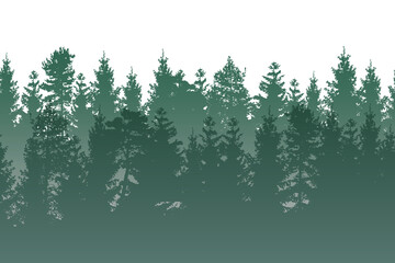 Illustration of a seamless landscape with green layered misty coniferous forest on transparent background