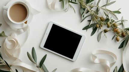 Above view of Composition coffee cup near the tablet, olive leaves decorative and white ribbon on white table. Mockup workspace background