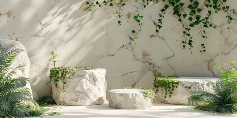 empty podium marble stone with green plants and white rocks background,  product display platform scene for cosmetic beauty advertising mock up,  therapy, relaxation and health