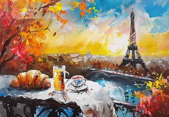 Papier Peint photo Paris A French breakfast with coffee and a croissant overlooking the Eiffel tower in Paris