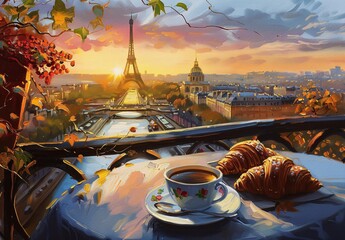A French breakfast with coffee and a croissant overlooking the Eiffel tower in Paris - obrazy, fototapety, plakaty