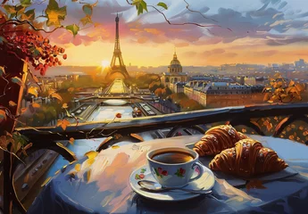 Foto op Plexiglas A French breakfast with coffee and a croissant overlooking the Eiffel tower in Paris © IgnacioJulian