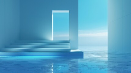 3d rendering of a surreal underwater scene with a staircase leading up to a door