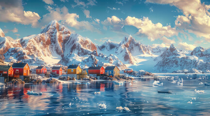 A colorful scene of the Arctic with small houses, snowy mountains and sea in front of it