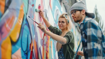 Fototapeta premium A team of artists painting a mural together, showcasing creativity and collaboration. 