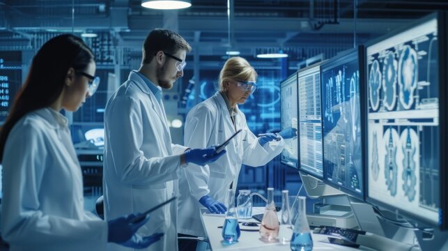 A team of researchers analyzing data and findings in a scientific setting.