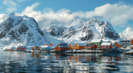 A colorful scene of the Arctic with small houses, snowy mountains and sea in front of it - obrazy, fototapety, plakaty