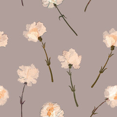 Seamless floral pattern for design of fabrics, paper, style, printing. White carnations