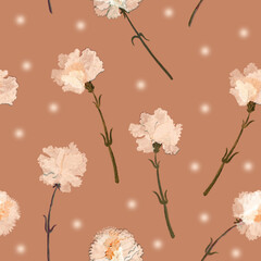 Seamless floral pattern for design of fabrics, paper, style, printing. White carnations