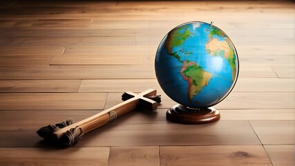 Conceptual picture on a wooden floor including an earth globe and a Christian cross.