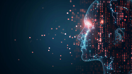 Obraz premium A computer-generated face with a blue background. The face is surrounded by a lot of lines and dots, giving it a futuristic and artificial appearance