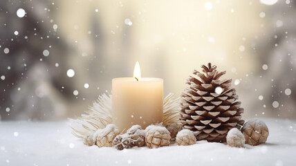 Beige snow Christmas composition. Burning candle and pine tree with snowy bokeh and copy space, selective focus and sparkle