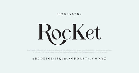 Rocket Premium luxury elegant alphabet letters and numbers. Elegant Tech typography classic serif font decorative vintage retro. Creative vector illustration