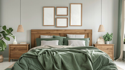 Modern bedroom interior with green bed linen and wooden accessories. - empty picture frames on wall above bed.