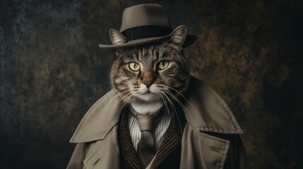 Full-length portrait of an anthropomorphic cat dressed in stylish vintage clothing