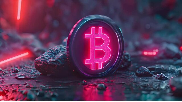 A neon bitcoin logo glowing in the dark surrounded by rocks and mud, in the cyberpunk style, hyper realistic, cinematic, octane render