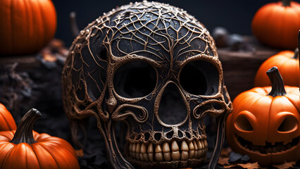 Human skull. Gloomy card for congratulations on Halloween. Background. - obrazy, fototapety, plakaty
