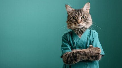 Full-length image of an anthropomorphic tabby cat wearing medical scrubs against a teal background