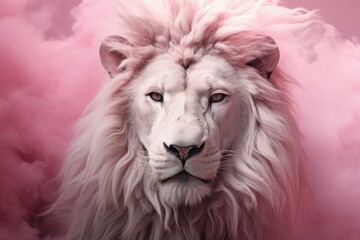Artistic White lion head pink background. Small cat. Generate Ai