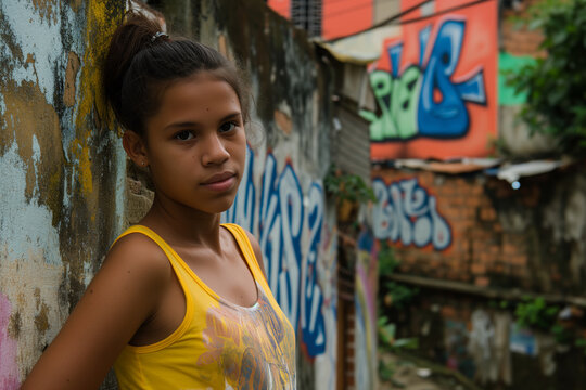 Brazilian schoolgirl in yellow tank top with graffiti background in favela in Rio de Janeiro, Brasil