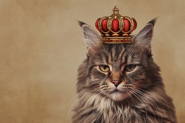 The regal and majestic feline monarch with a crown. Whiskers. And a furry vintage background illustration portrait of a royal cat in a fantasy domestic animal kingdom