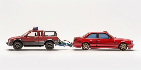 Light truck carrying a car. Two red cars, isolated on white.